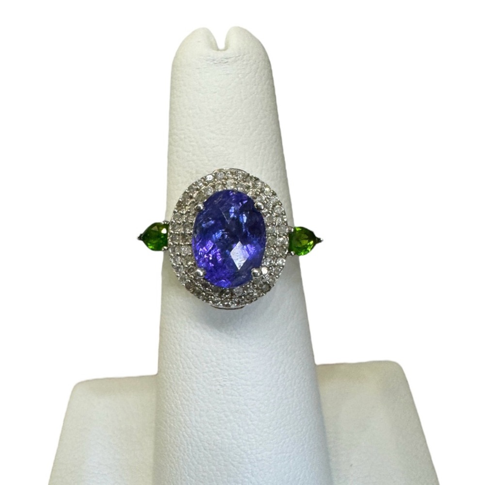 Tanzanite, diopside and diamond 925 silver ring